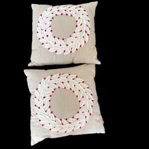 Farmhouse Fabric Wreath Berries Pillow Pair Beige Tan Boho Christmas Holiday